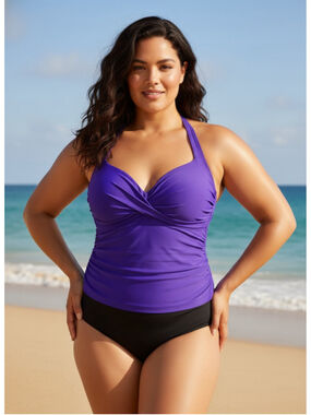 Miraclesuit Purple Plus Size Women’s Halter Swim Ruched Tankini Slimming 18D